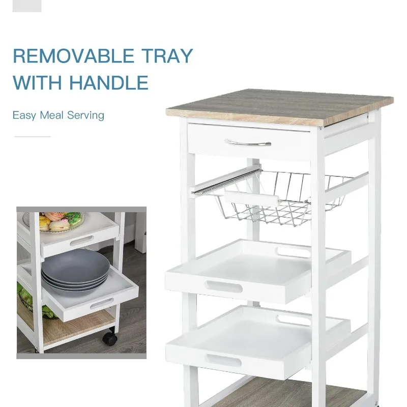 Mobile Rolling Kitchen Island Trolley Serving Cart with Underneath Drawer & Slide-Out Wire Storage Basket, 4