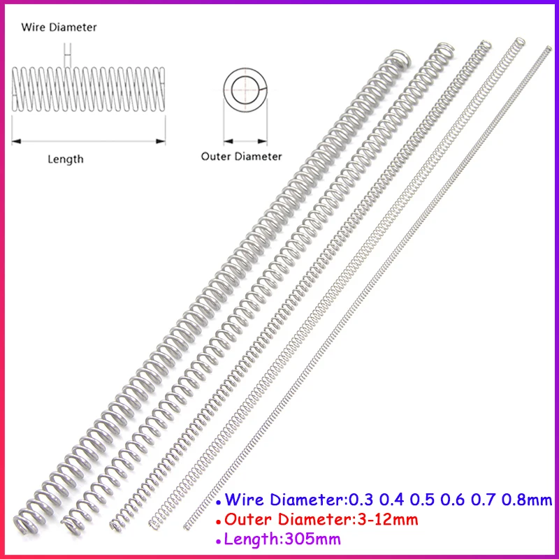 

5pcs L=305mm 304 Stainless Steel Compression Spring Wire Dia 0.3 0.4 0.5 0.6 0.7 0.8mm Y Type Long Spring Outer Dia 3-12mm
