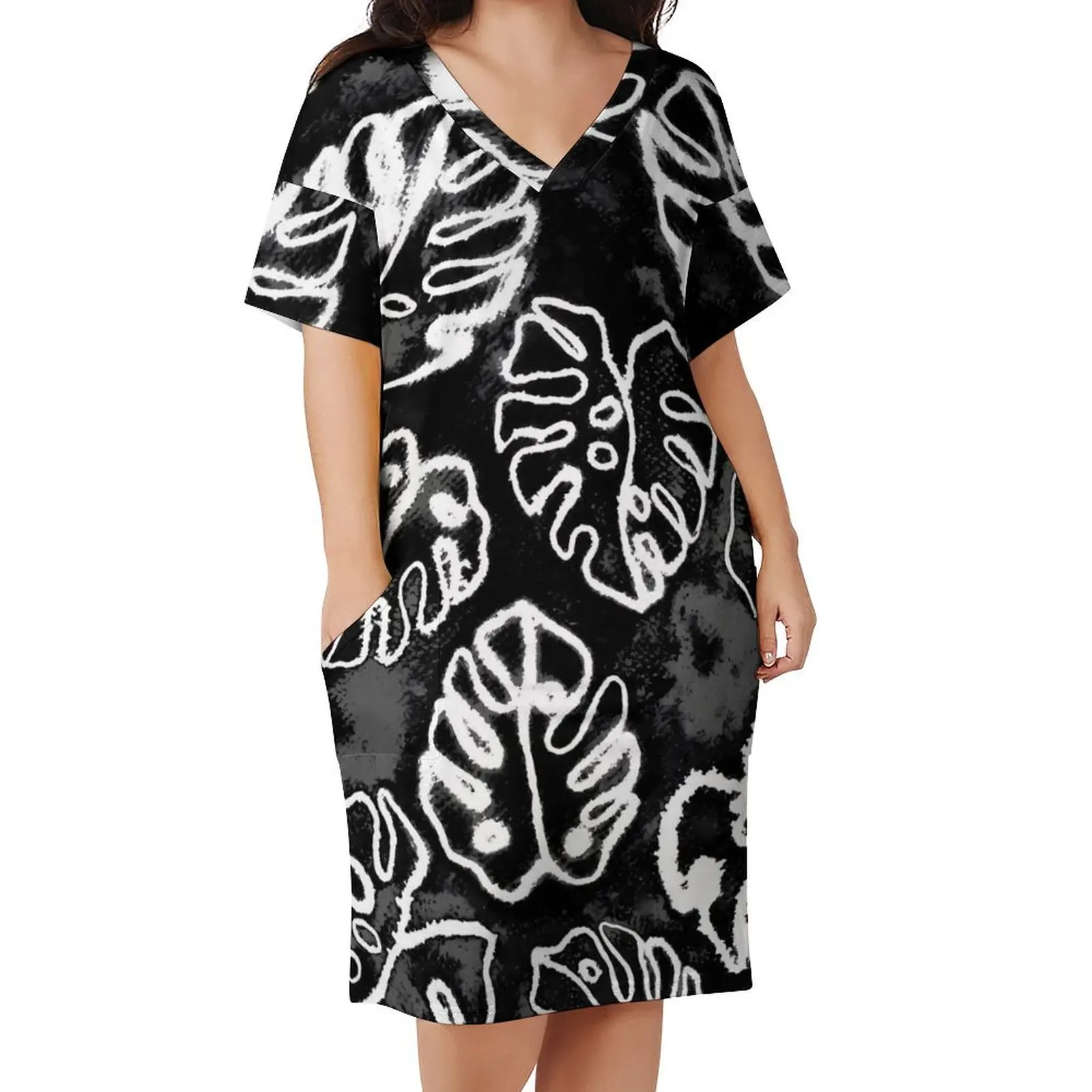 

White And Black Tie Dye Dress V Neck Palm Leaf Print Aesthetic Dresses Summer Pretty Casual Dress Womens Oversize Clothing