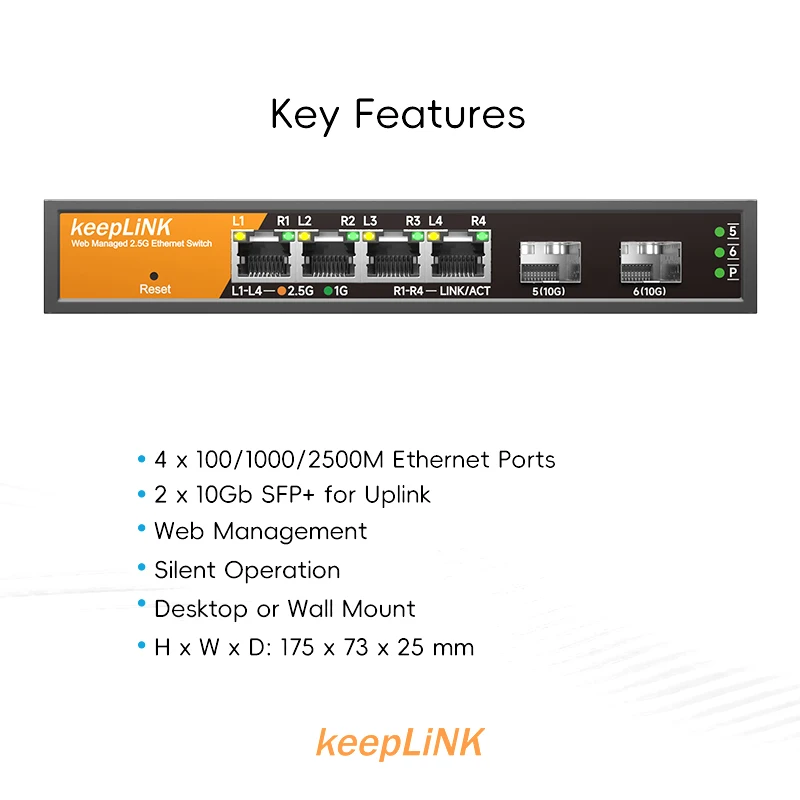 Keeplink 멀티 기가비트 관리 스위치, 6 포트, 4-2.5Gb RJ45 및 2-10G SFP +