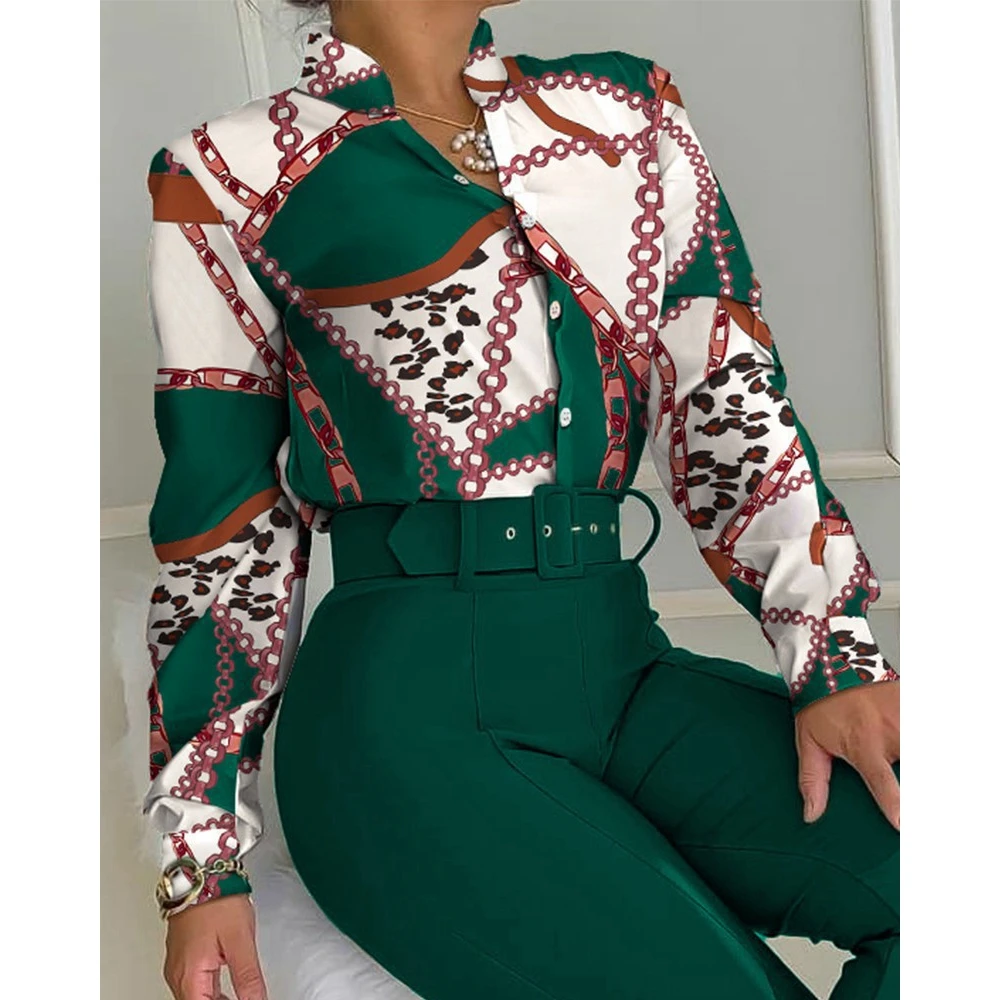 Casual Women Chain Print Shirt & Wide Leg Pant Set With Belt Casual 2 Piece Suit Sets Womens Business Outfits Set Fall Outwear