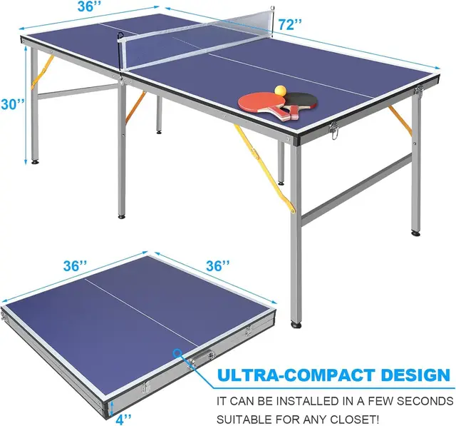 Portable Mid-Size Ping Pong Table Set 6x3ft - Folding Table Tennis Game with Net, 2 Paddles & 3 Balls - Easy Assembly - Indoor/Outdoor Use - Ideal for Adults & Teens
