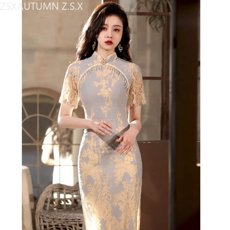 

Chinese Style Young Girl Dress Modern Slim Qipao Elegant Lace Beading Women Vintage Ethnic Style Cheongsam Traditional Clothing
