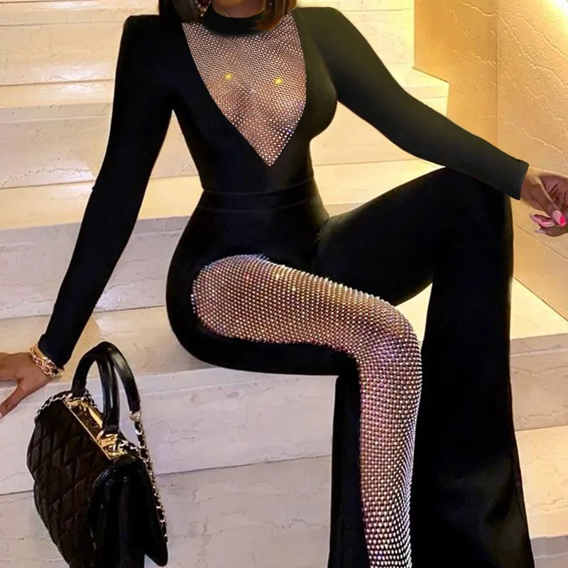 

2024 Autumn Winter New Women's Stitching Long-Sleeved One-Piece Trousers Wide-Leg Pants