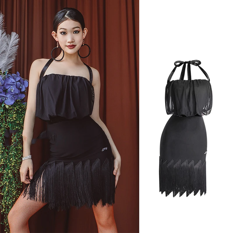 

2023 Women Backless Latin Dance Dress Black Fringe ChaCha Tango Dancing Performance Wear Rumba Samba Practice Clothes VDB7542