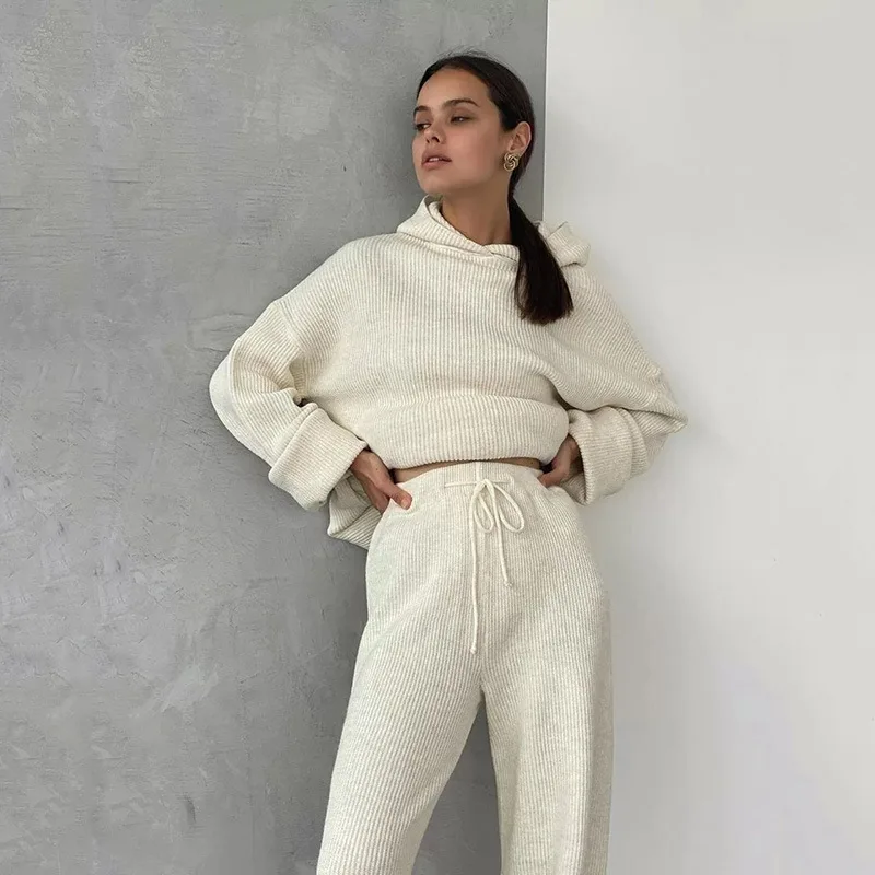 Thick Warm Rib-Knit Women's 2 Piece Outfits Sweater Set Zipp Hooded and  Long Pants 2022 Fall Winter Fashion Loungewear Tracksuit - AliExpress