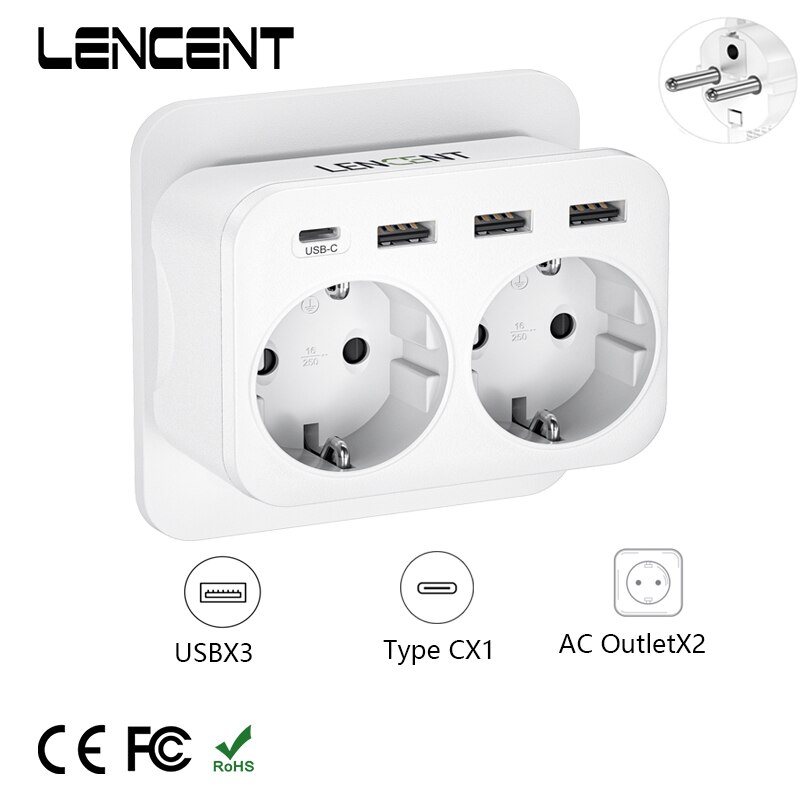 LENCEN EU Wall Socket Extender with 2AC Outlets 3 USB and 1 Type 5V 2.4A Power Charger Adapter Overload Protection for Home/Offi