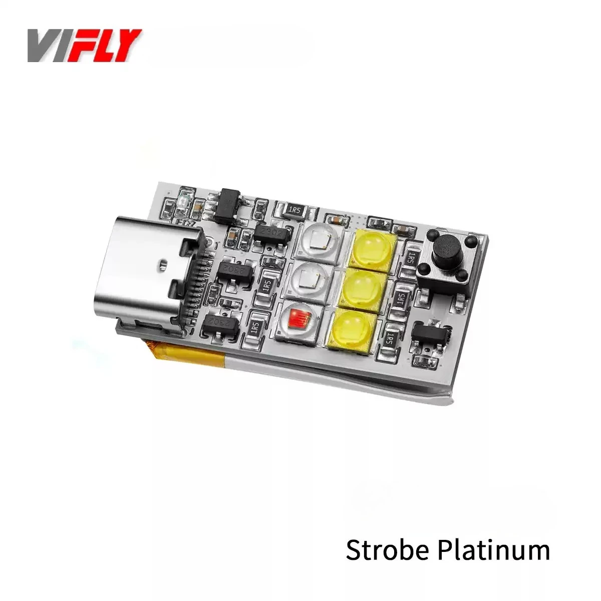 Feu stroboscopique VIFLY Strobe Platinum en mode lumineux constant, éclairant un drone en vol de nuit.