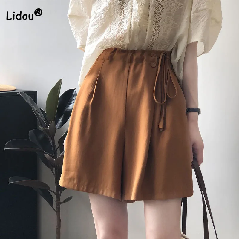 Summer Simplicity Fashion Short Sleeve Shorts 2023 Women's Clothing Lace Up Spliced Loose High Waist Solid Color Female Pants