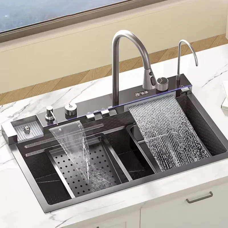 Multifunction Black Nano Kitchen Sink Waterfall Faucet Large Single Bowl Cup Washer Pure Tap Soap Dispenser 304 Stainless Steel