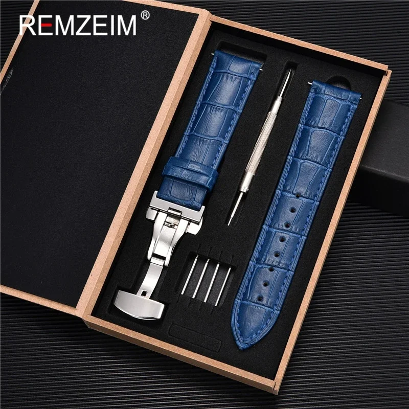 Premium Genuine Leather Watch Band with Stainless Steel Butterfly Clasp and Tool Set