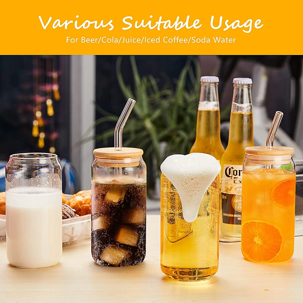 Glass Tumbler Bamboo Lid Straw - 4pcs Set Glass Cup Lid Drinking Tumbler  Beer - Aliexpress