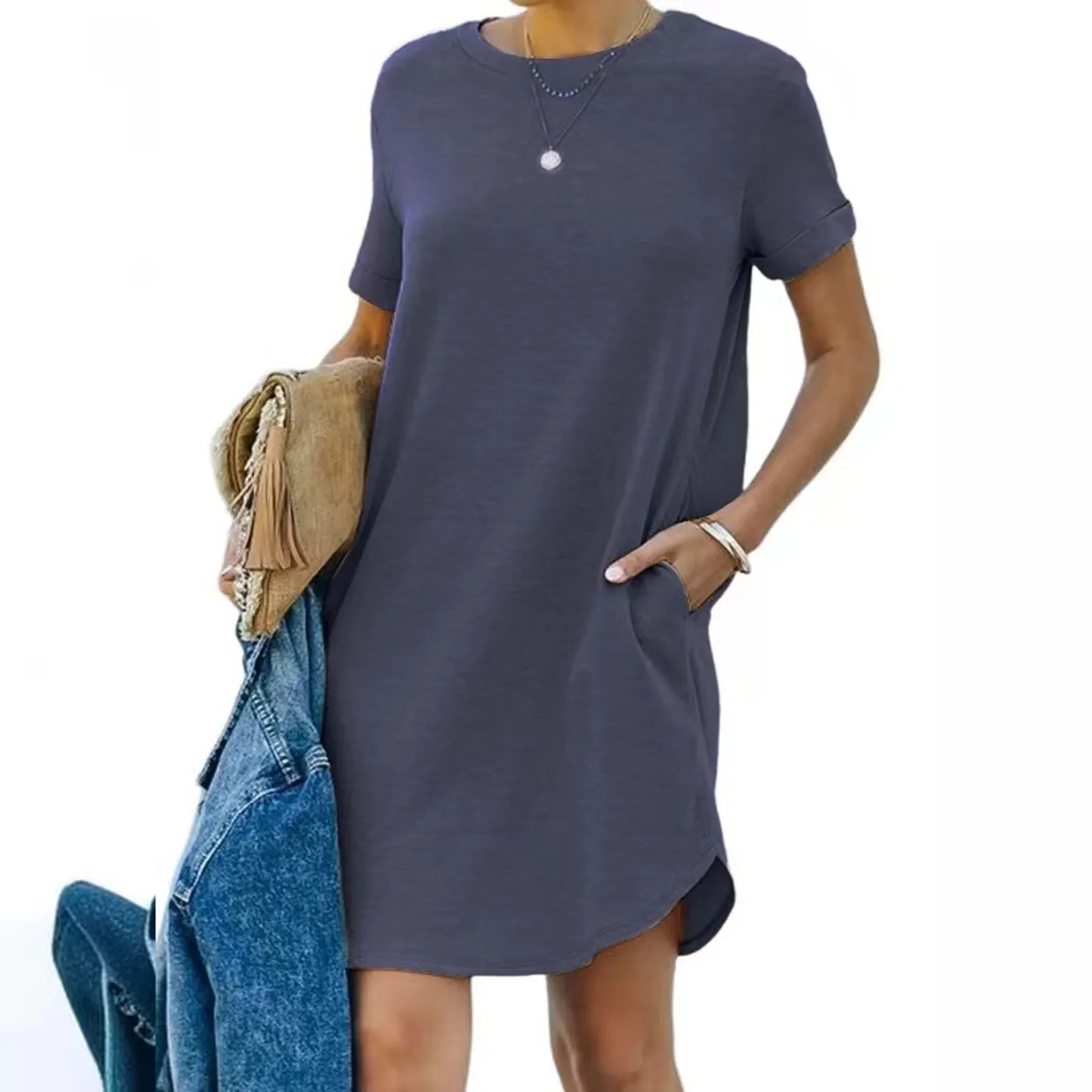 

Women‘s Summer Casual Midi Dress Round Neck Short Sleeve Solid Color Knee Length Dress Ladies Fashion Pockets Loose Fit Dresses