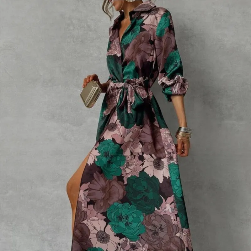 Elegant Women's Autumn Long Printed Shirt Dress With Lapel Buttons Waist Cinching Lantern Sleeves And Large Floral Print Dress