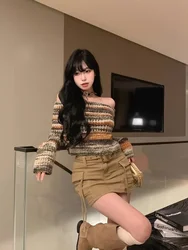 Sweet Pullovers Women's Clothing Fashion Colorful Stripes Jumper Y2k Tops Sueter Mujer Slash Neck Casual Knit Cropped Sweater