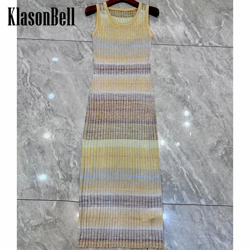 

5.8 KlasonBell Summer New Arrival Hot Girl Bright Silk Striped Knit Dress For Women O-Neck Stretch Skinny Long Dress