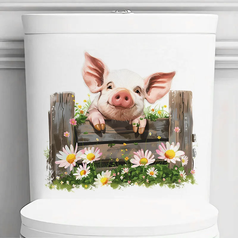 C1212# Pig with Woodne Fence Self-Adhesive Toilet Stickers,Wall Decal Removable, Reusable Vinyl Car Sticker for Bathroom Decor