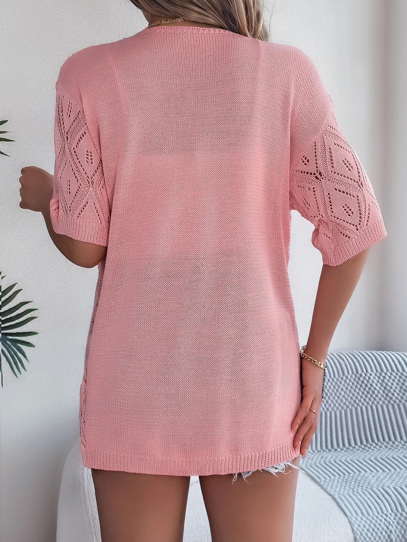Women Pink White Knit Cardigan Sweater