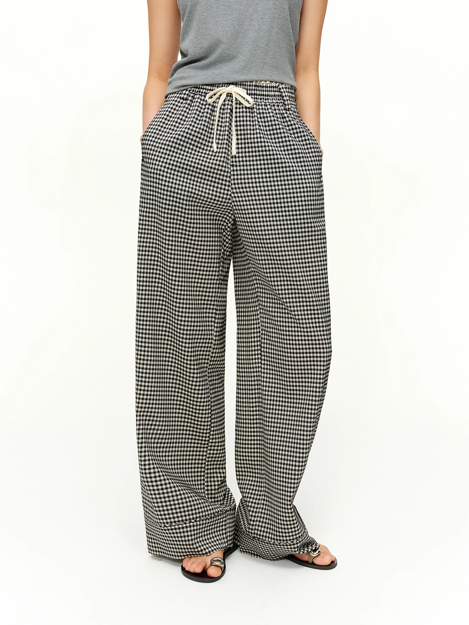 DUSHU 2026 Spring Women's Plaid Pattern Blend Straight Leg Pants - Acetate Commuter Style Trousers Elastic Waist for Office