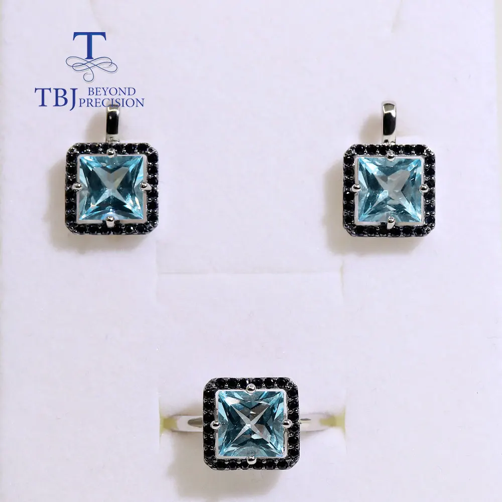 Women's 925 Sterling Silver Jewelry Set with Natural Sky Blue Topaz Gemstones Earring & Ring Stackable Gift 2