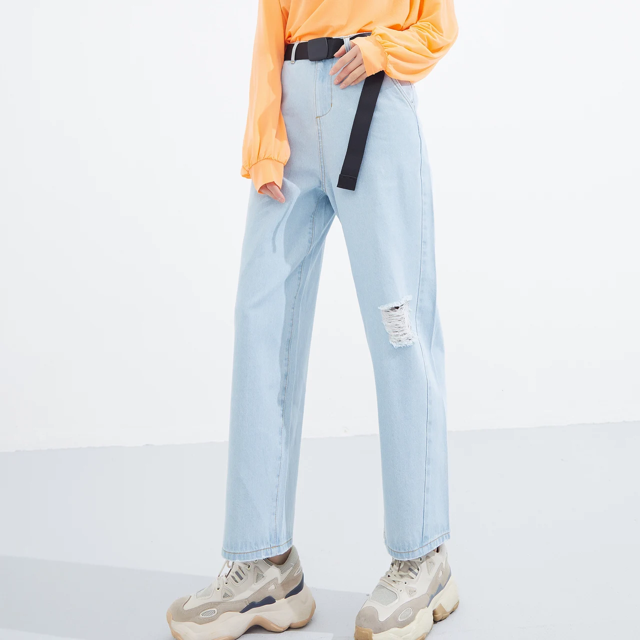 Metersbonwe Broken-Hole Dad Jeans Women Summer High Waist Loose Pants Female 100% Cotton Full Length Pants