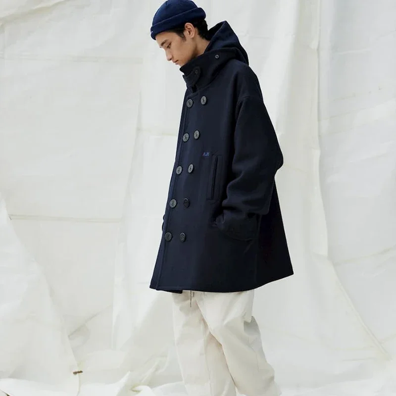 

AH H 20AW City Boy Co Branded Winter Medium Long Large Japanese Style Jacket Embroidery Navy Double Breasted Woolen Coat
