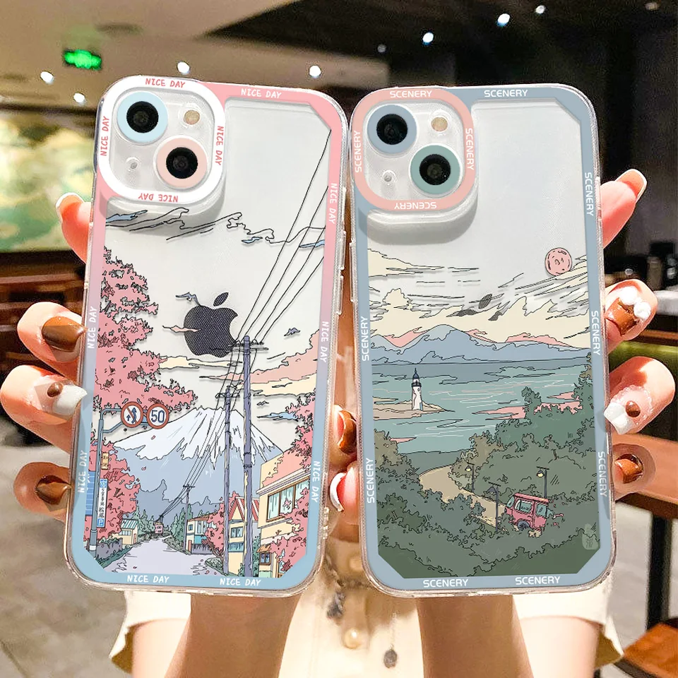 アニメ風景日没電話ケース iphone 14 13 12 11 15 プロマックス
