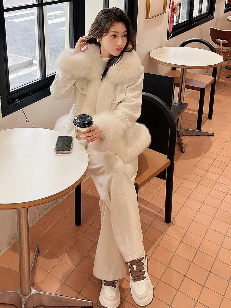 Korean Style Fashionable Round Neck Long Sleeve Women's Faux Fur Coat 2023 Autumn Winter Sweet Temperament Commute Fox Fur Coat