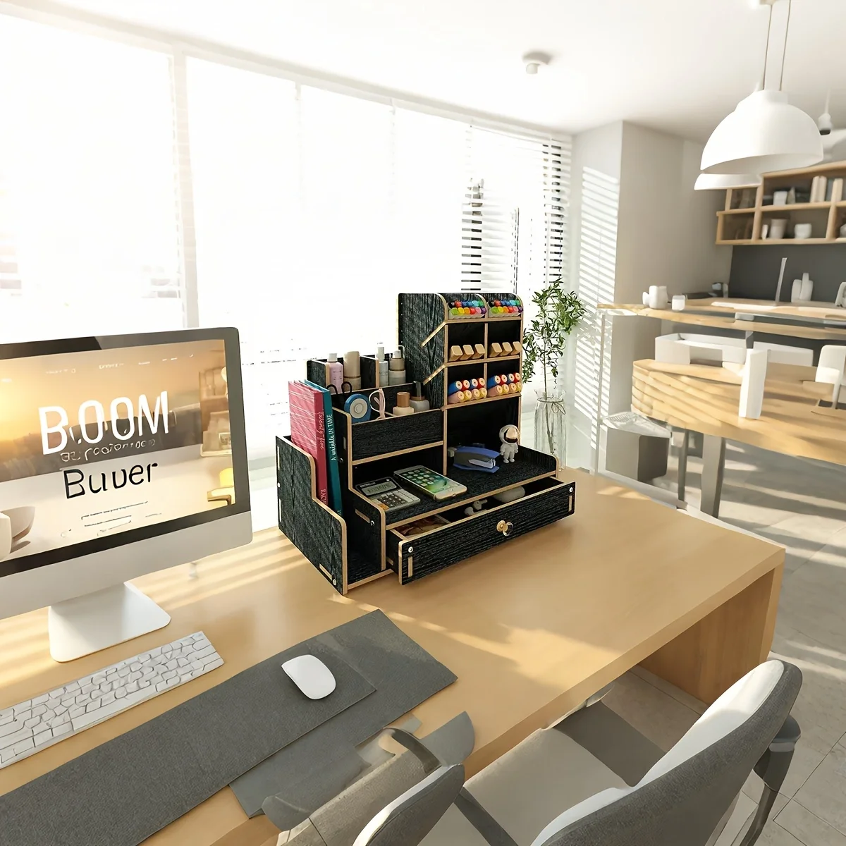 Organizer da Scrivania Effetto Legno con Cassetto, Portaoggetti da Scrivania Multi-Scomparto per Cancelleria e Accessori - immagine 4