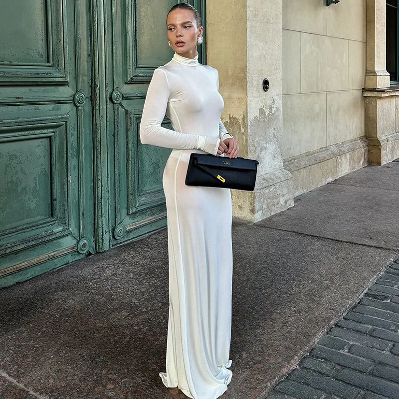 Cryptographic Fashion Casual Turtleneck Long Sleeve Maxi Dress Outfits Club Party Autumn Basic Solid Long Dresses Robes Clothes