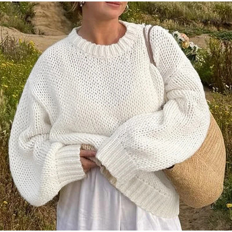 Casual Knitted Hollow Out O-neck Sweaters Women Loose Solid Long Sleeve Pullover Sweater Female Autumn Chic Elegant Street Tops