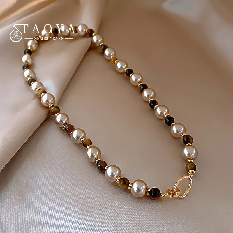Maillard natürliche Tigerauge-Champagner-Perlen-Perlen-Halskette für 2024, Modeschmuck, Damen-Sexy-Pullover-Kette, Hals-Accessoires