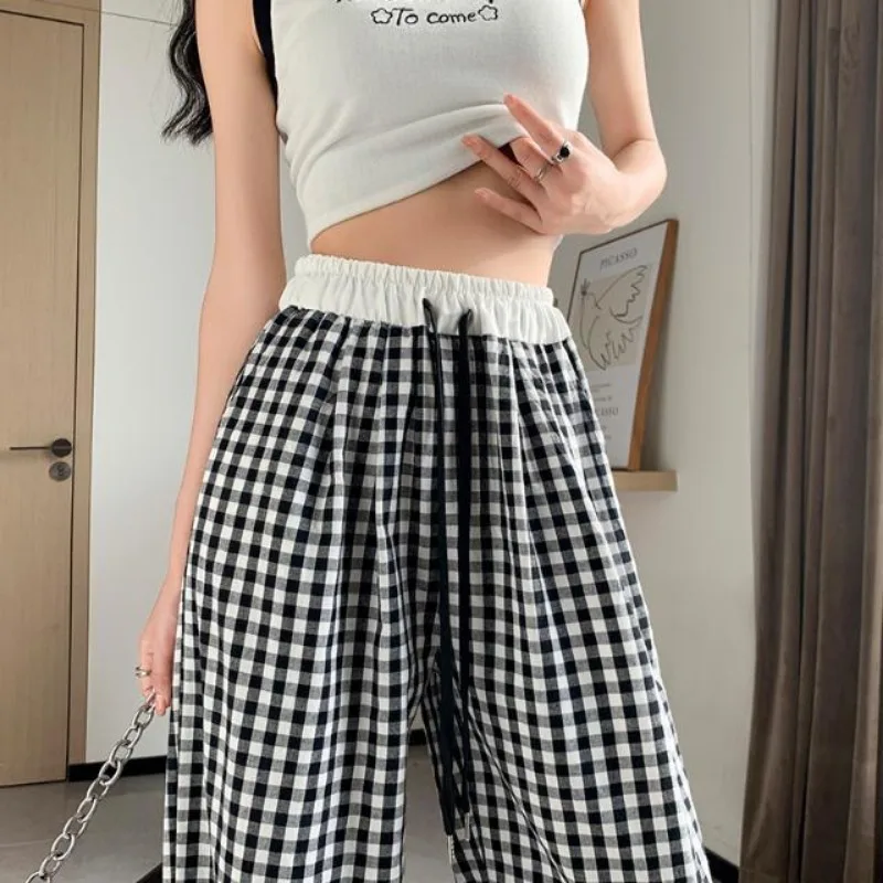 Women Wide Leg Pants Pink Lattice Summer Thin Design Trousers Loose Fitting Leisure Straight Cylinder Sagging Sensation Pants