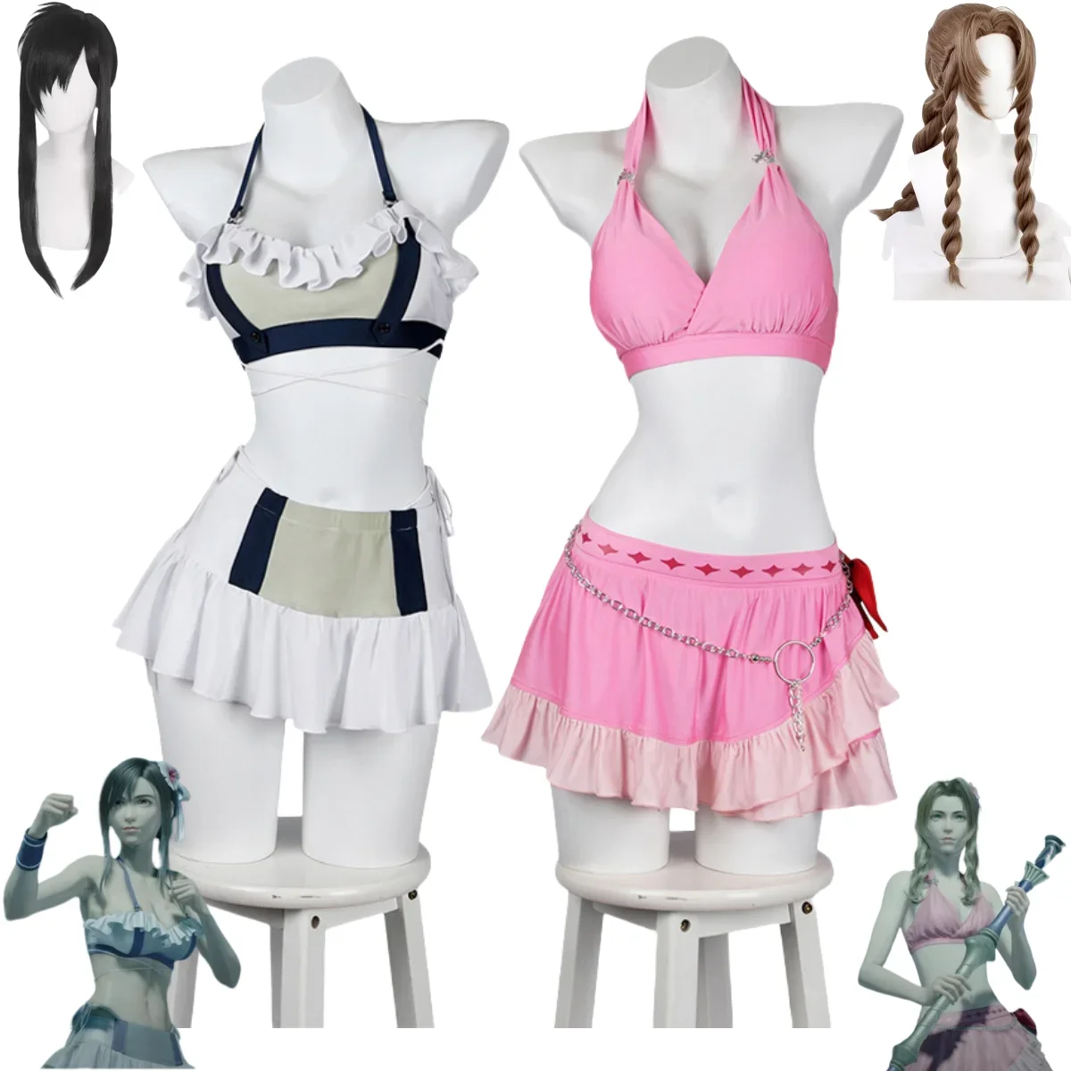 

Game Final Fantasy VII Aerith Gainsborough Tifa Lockhart Cosplay Costume Wig Summer Swimsuit Sexy Bikini Woman Carnival Suit