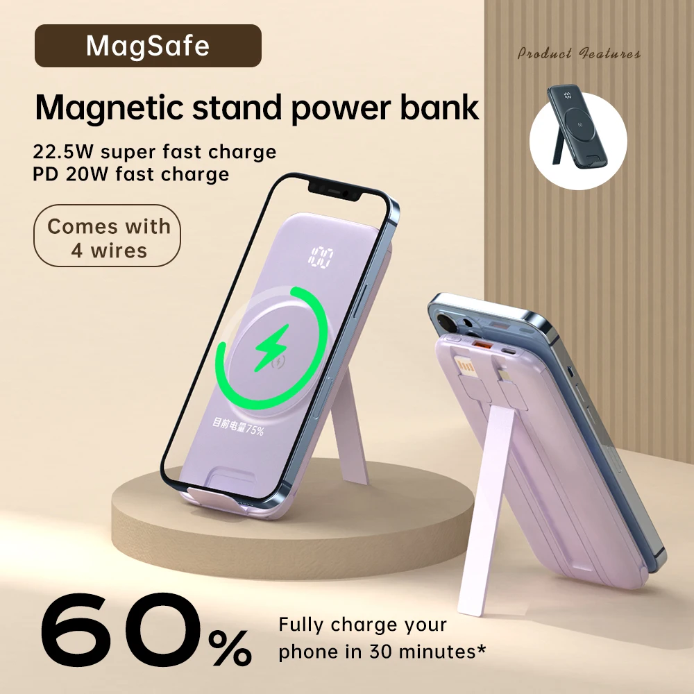 Xilecaly For MagSafe Power Bank 20000mAh with Built-in Cable Wireless Magnetic Charger PD 20W Fast Charging for iPhone 15/14/13 3