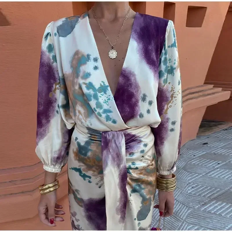 Women's Stain Print Skirt Set, Chic Cross V Neck, Long Sleeves Shirt, Slit Midi Skirts Suit, Lady Fashion Outfits, 2024
