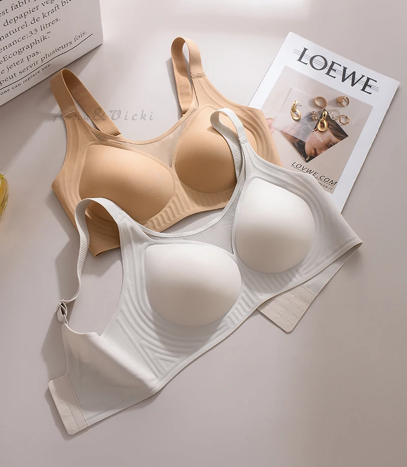 Plus Size Jelly Gum Full Cover Semi Fixed Large Cup Lace Underwear Anti Glare Mesh Woman Bra Comfortable Gathering