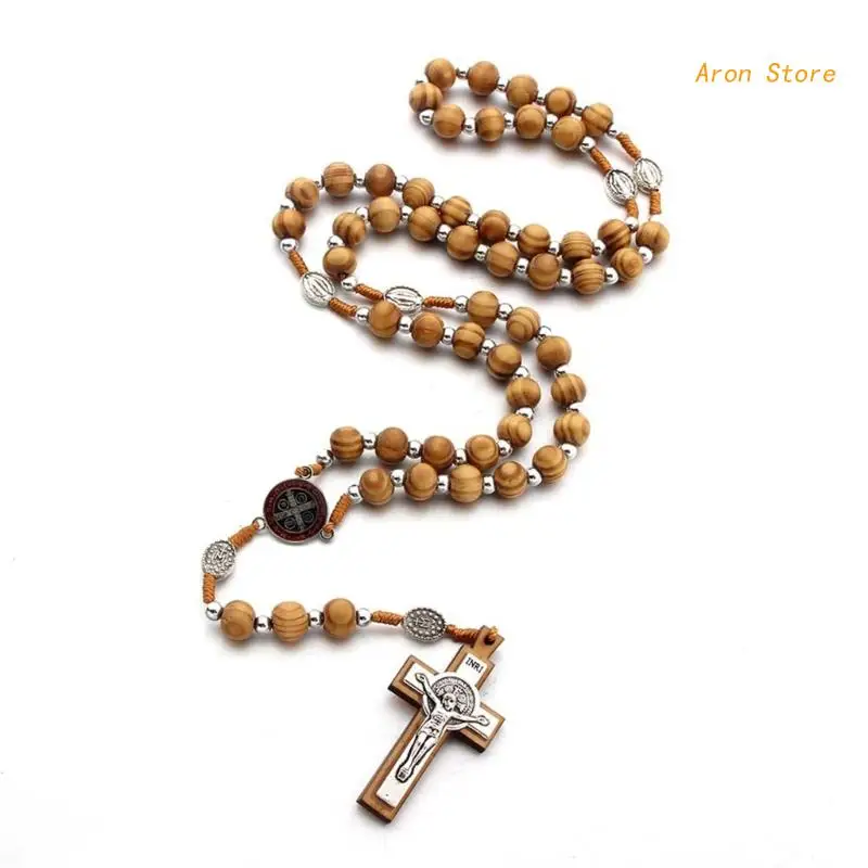 Handmade Wooden Rosary Necklace 10mm Round Beads Christ Jesus Pendant Chain Necklaces Religious Jewelry for Men catholic rosary necklace