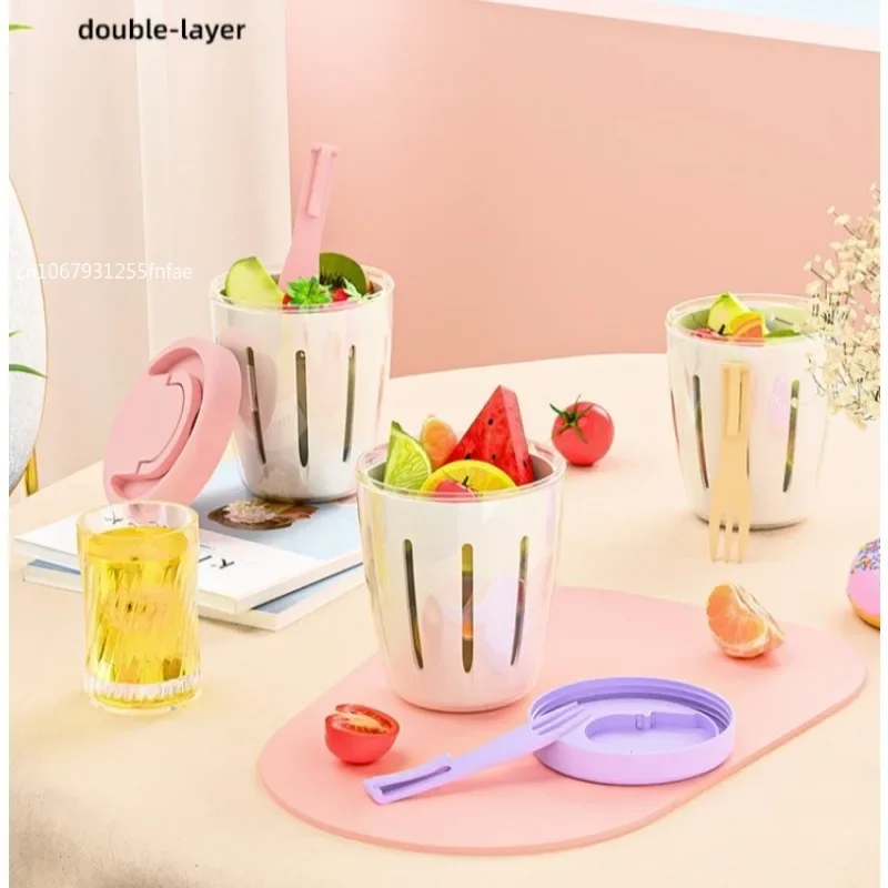 Portable Salad Cup Kids Breakfast Salad Bowl with Fork School Lunch Box Food Storage Bento Box Yogurt Oatmeal Cereal Milk Cup