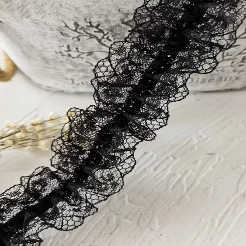 블랙 레이스 레이스 시리즈 리본 액세서리, 수제 DIY 모자 스커트 밑단 의류 액세서리, 플리츠 프릴 와이드, 1 계량기
