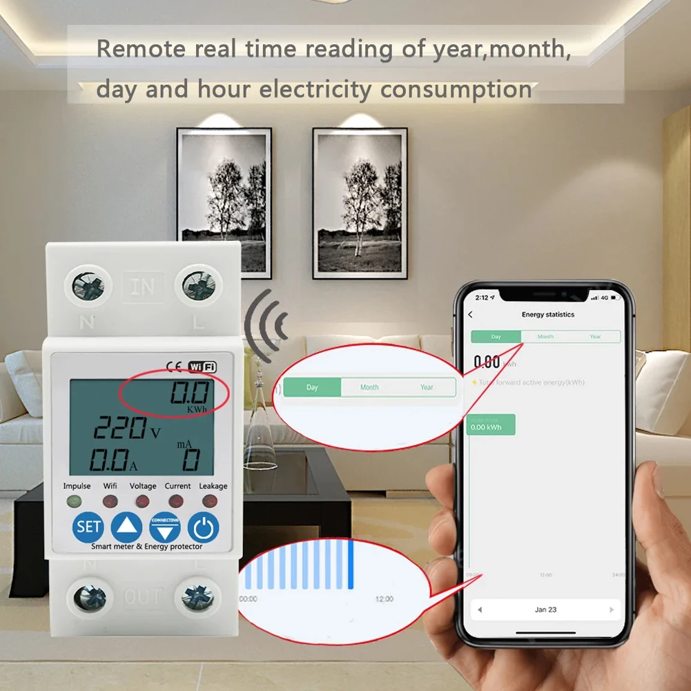Tuya 스마트 라이프용 원격 ON/OFF 제어 및 누설 전류 모니터링 기능, Wi-Fi 에너지 계량기 호환