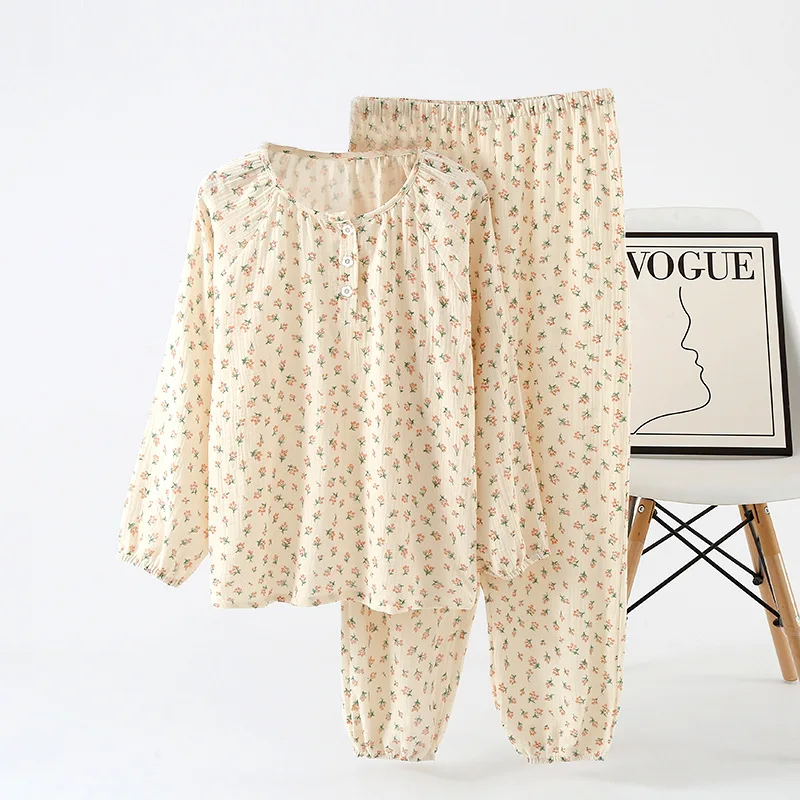 2023 여성 잠옷 순수 코튼 여성 긴팔 바지 라운드 넥 느슨한 Homewear 작은 Fower 인쇄 면화 잠옷 세트