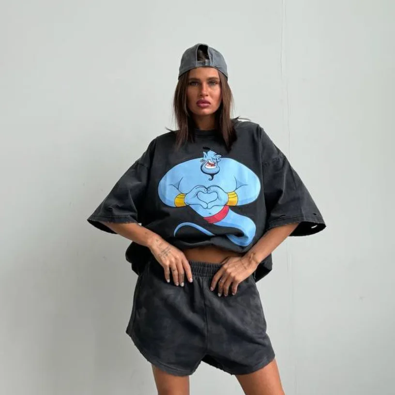 

Retro Pure Cotton Short sleeved T-shirt Top Women's Washed Black distressed High Street Print Tee Casual Temperament T Shirt