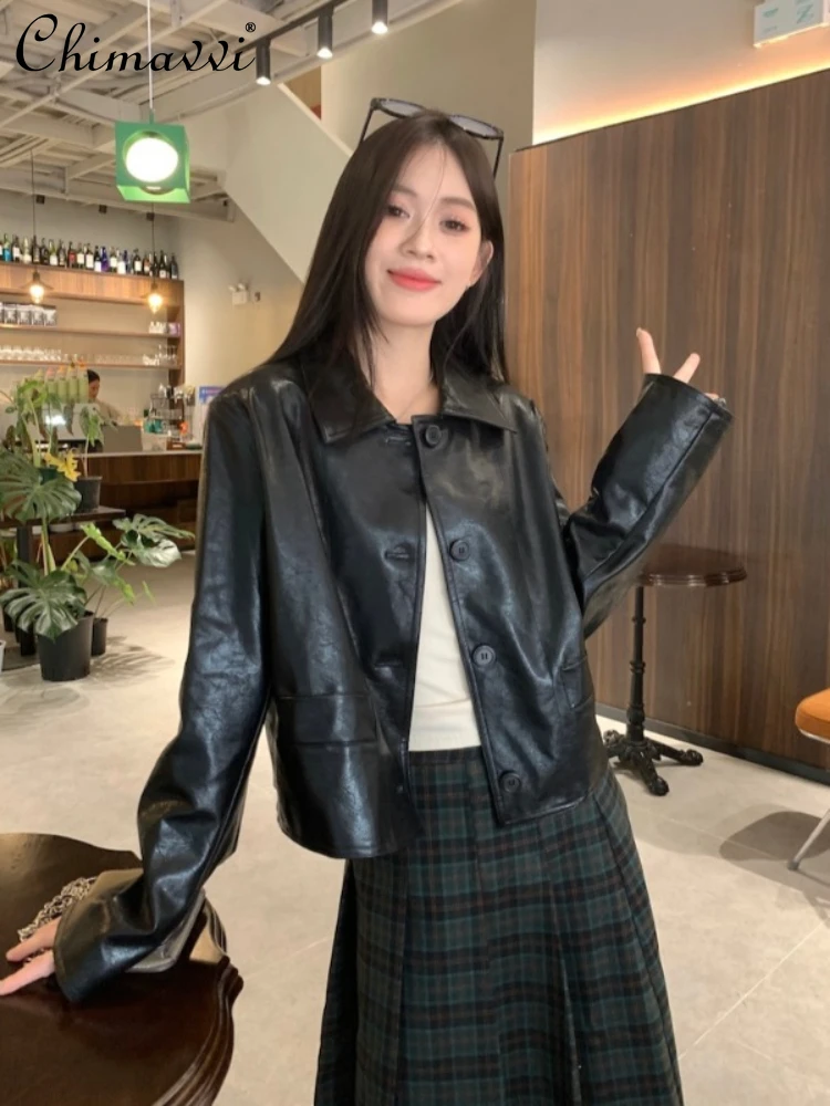 

Retro Fashion Polo Collar Black Leather Coat 2023 Spring and Autumn Women Leisure Loose Cropped Jacket High Waist Slim Skirts