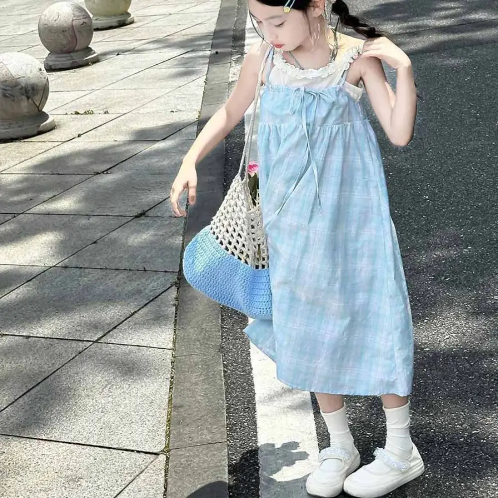 Fashion Loose Girls Princess Grid Dress Teenagers Beach Vacation Summer Kids Dresses Sweet Party Children Sling Dress Summer