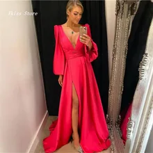 

Ladies Formal Party Evening Dresses Deep V Neck Long Sleeves Sexy Cocktail Prom Gowns Side Split Satin A Line Robe De Soiree