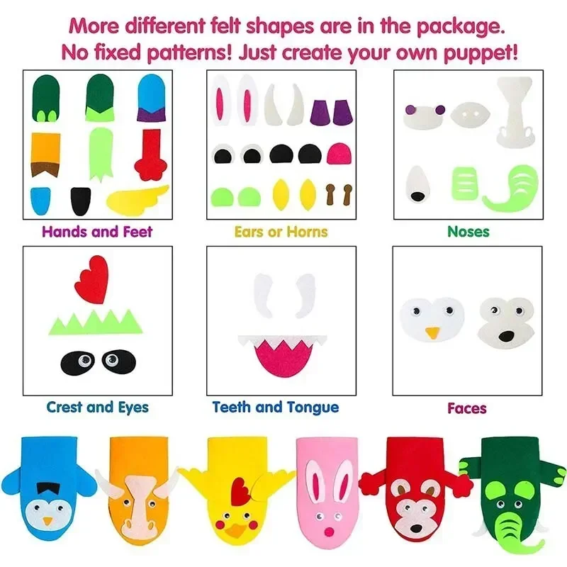 6Pcs/set Hand Puppet Making Kit for Kids Art Craft Felt Toys Make Your Own Sock Puppet Pompoms Wiggle Googly Eyes DIY Material