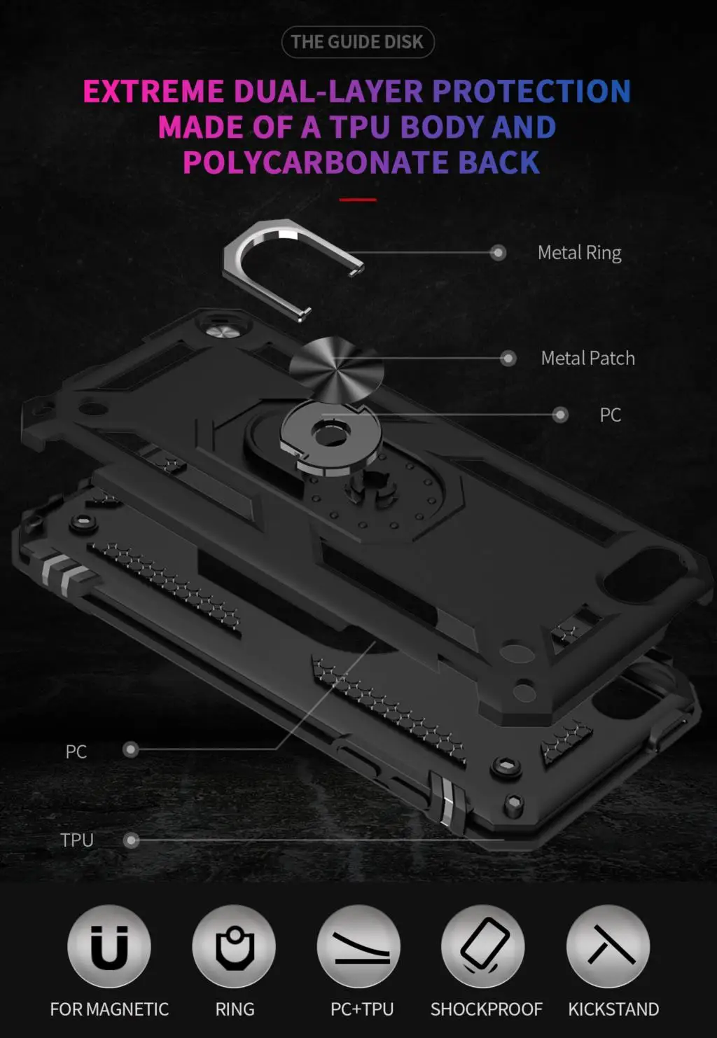 Magnetic Metal Finger Ring Holder Armor Shockproof Case with TPU Bumper and Hard PC Back Cover