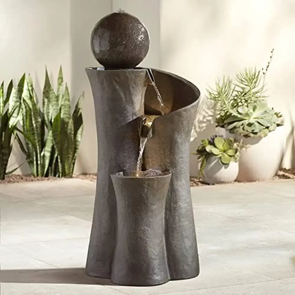 Modern Outdoor Garden Water Fountain with LED Light Resin Zen Ball Feature 39.5" High Patio Yard Deck Home Circulating Waterfall