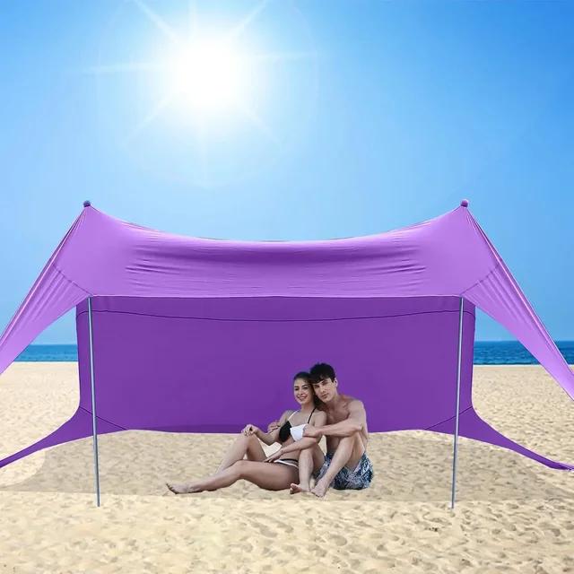 Family Beach Tent Canopy Sun Shade Pop Up Grande Beach Tent Sun Shelter Stability  Poles with Portable Carry Bag Outdoor Shade 6